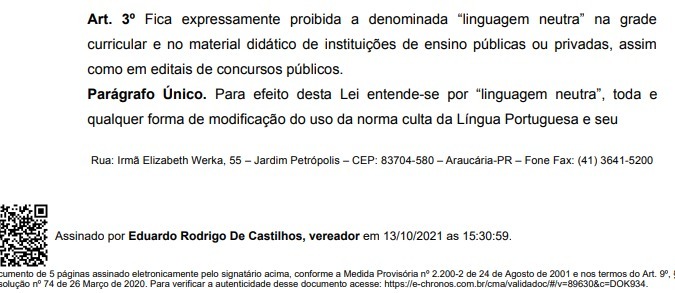 Câmara barra projeto de lei que pretendia proibir linguagem neutra nas escolas de Araucária