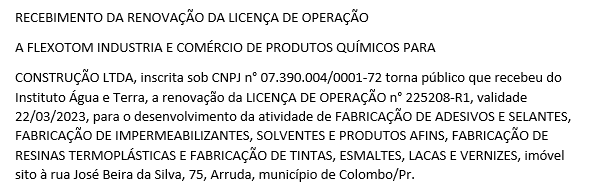 Publicidade Legal: Requerimento de renovação da licença de operação