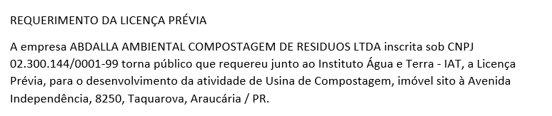 Publicidade Legal: Requerimento da licença prévia