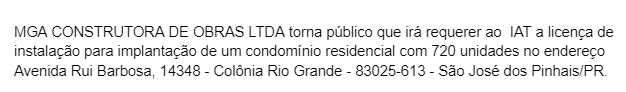 Publicidade Legal: MGA construtora de obras