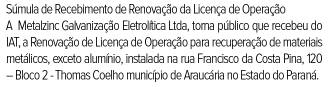 Publicidade Legal: Súmula de Recebimento de Renovação da Licença de Operação