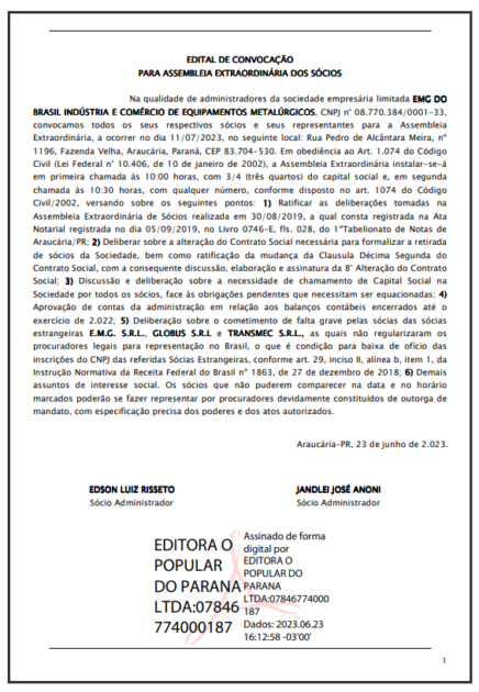 Publicidade Legal: Edital de convocação para assembleia extraordinária dos sócios EMG do Brasil Indústria e Comércio de Equipamentos Metalúrgicos