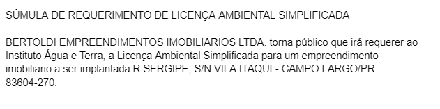 Publicidade Legal: Súmula de requerimento de licença ambiental simplificada