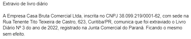 Publicidade Legal: Extravio de livro diário