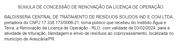 Publicidade legal: Súmula de concessão de renovação da licença de operação