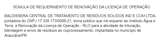 Publicidade legal: Súmula de requerimento de renovação da licença de operação