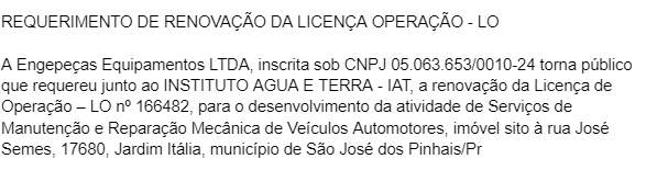 Publicidade legal: Requerimento de renovação da licença operação - LO