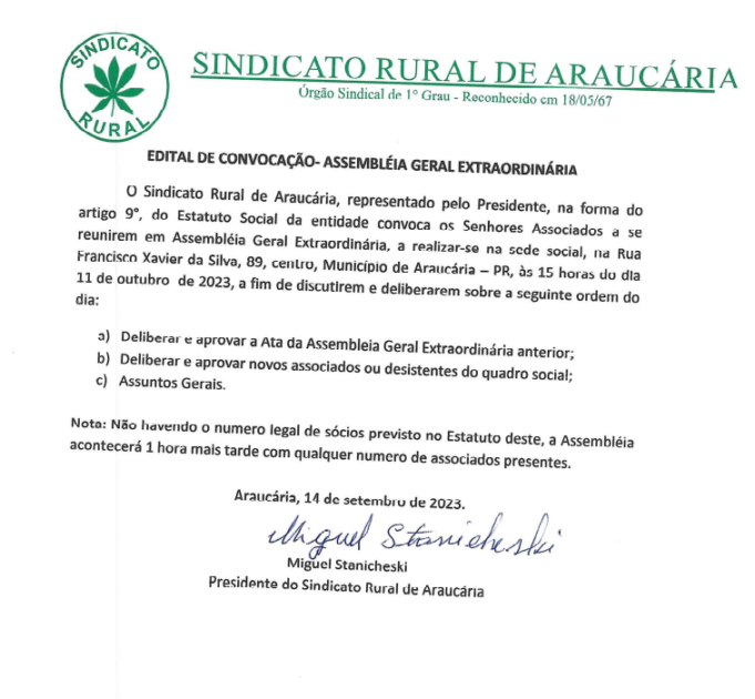 Publicidade legal: Edital de convocação - Assembleia Geral extraordinária