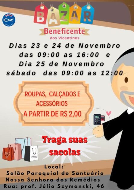 Bazar Beneficente dos Vicentinos acontece nos dias 23, 24 e 25/11