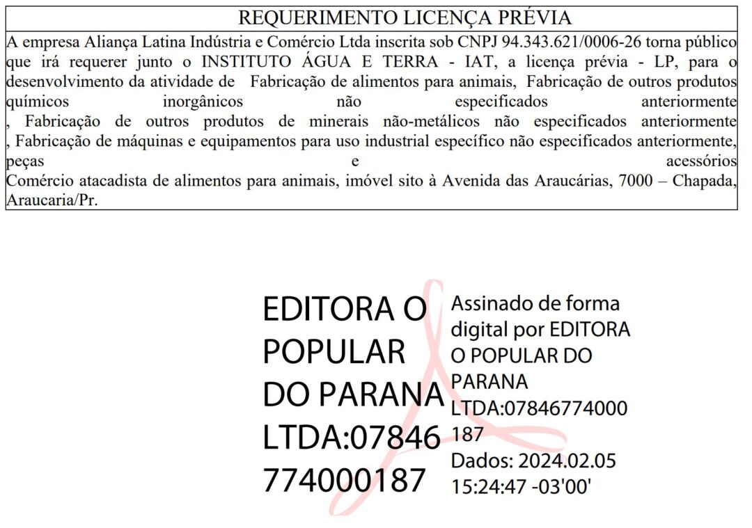 Publicidade Legal: SÚMULA DE REQUERIMENTO LICENÇA PRÉVIA