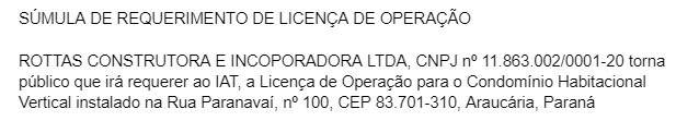 Publicidade Legal: SÚMULA DE REQUERIMENTO DE LICENÇA DE OPERAÇÃO