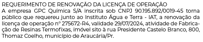 Publicidade Legal: REQUERIMENTO DE RENOVAÇÃO DA LICENÇA DE OPERAÇÃO