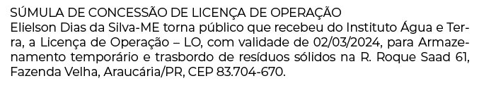 Publicidade Legal: SÚMULA DE CONCESSÃO DE LICENÇA DE OPERAÇÃO