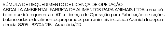 Publicidade Legal: SÚMULA DE REQUERIMENTO DE LICENÇA DE OPERAÇÃO