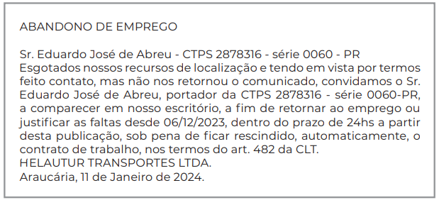 Publicidade Legal: ABANDONO DE EMPREGO