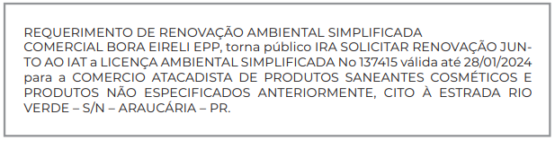 Publicidade Legal: REQUERIMENTO DE RENOVAÇÃO AMBIENTAL SIMPLIFICADA