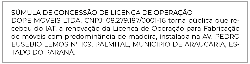 Publicidade Legal: SÚMULA DE CONCESSÃO DE LICENÇA DE OPERAÇÃO