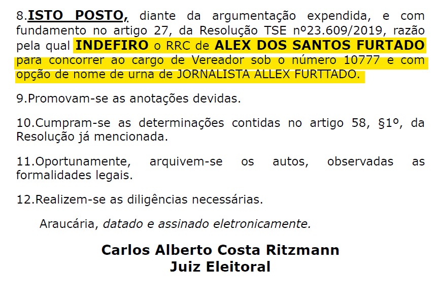 De 223 candidatos a vereador, um teve registro negado pela Justiça: Alex Furtado