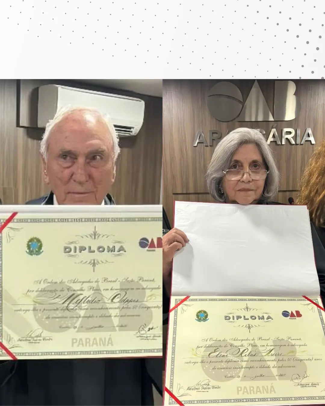 OAB Araucária homenageia advogados Meftodio Odppis e Eleni Ribas Freire